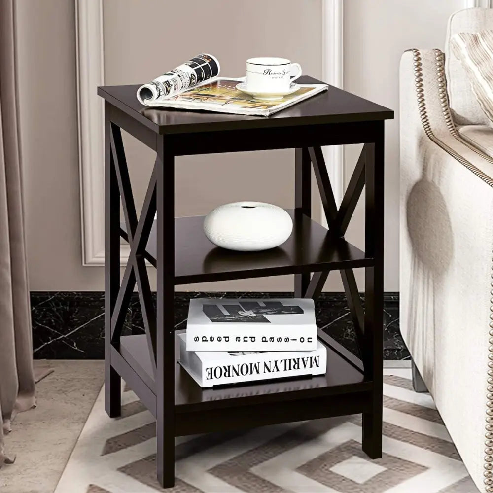 3-Tier X-Design Nightstands with Storage Shelves for Living Room Bedroom-Dark Brown - Dark Brown - End & Side Tables