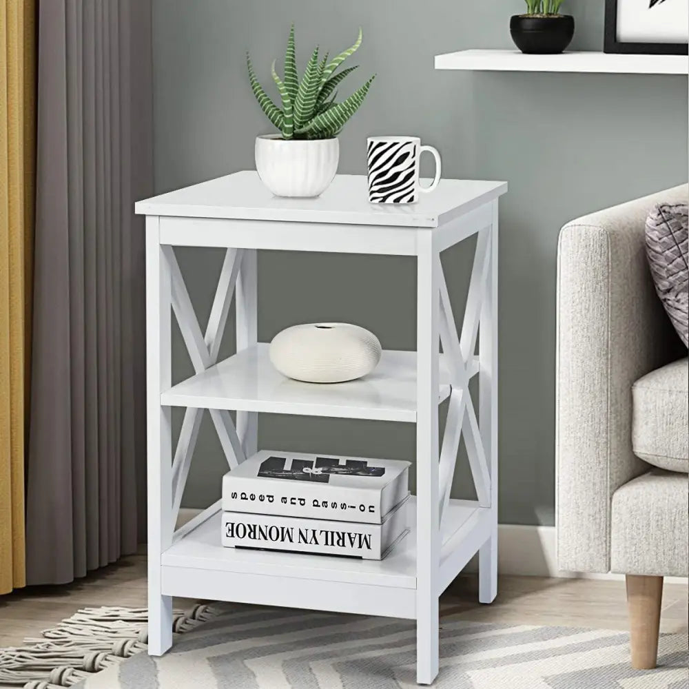 3-Tier X-Design Nightstands with Storage Shelves for Living Room Bedroom-White - White - End & Side Tables