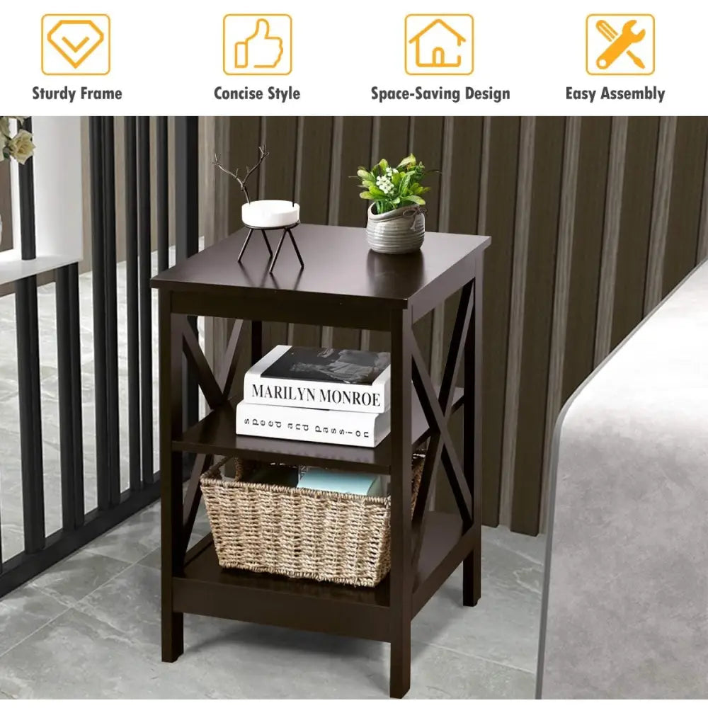 3-Tier X-Design Nightstands with Storage Shelves for Living Room Bedroom-Dark Brown - Dark Brown - End & Side Tables