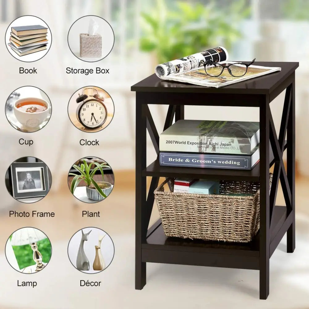 3-Tier X-Design Nightstands with Storage Shelves for Living Room Bedroom-Dark Brown - Dark Brown - End & Side Tables