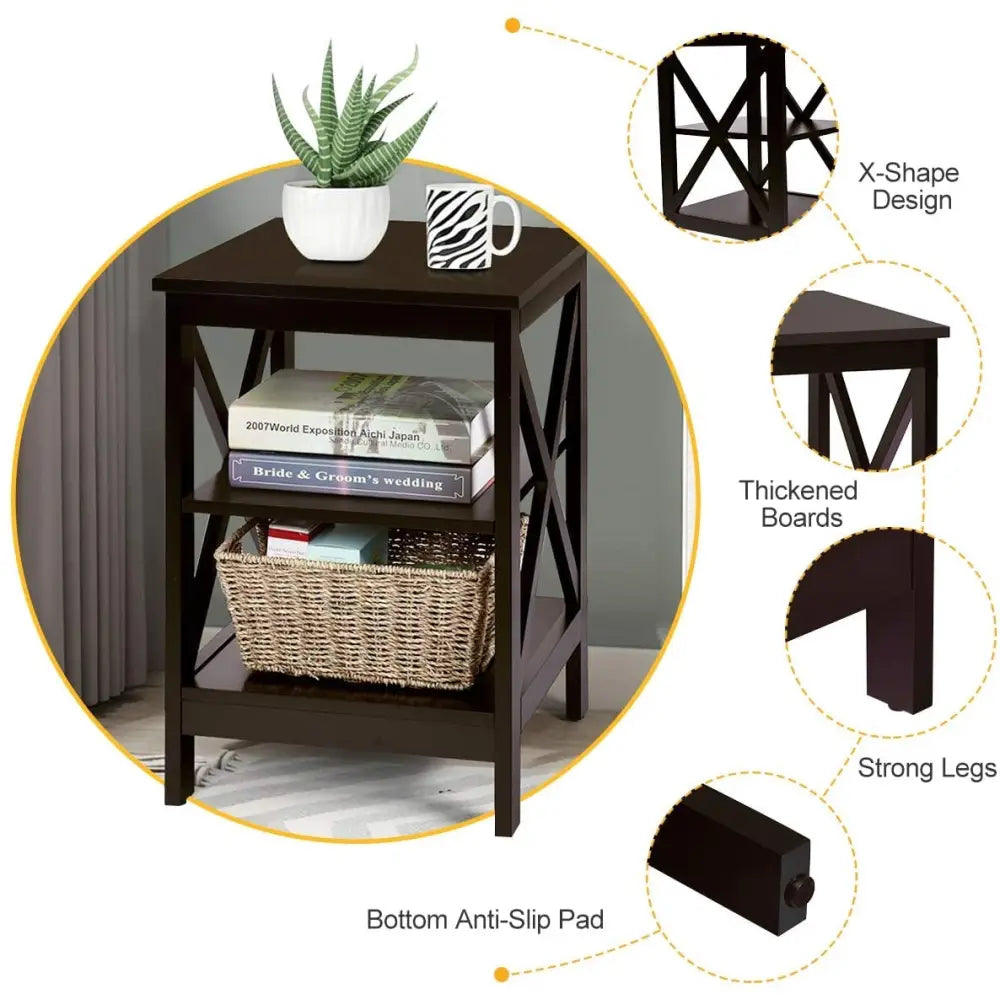 3-Tier X-Design Nightstands with Storage Shelves for Living Room Bedroom-Dark Brown - Dark Brown - End & Side Tables