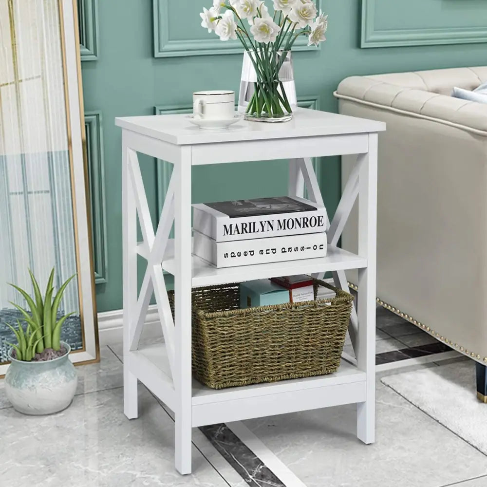 3-Tier X-Design Nightstands with Storage Shelves for Living Room Bedroom-White - White - End & Side Tables