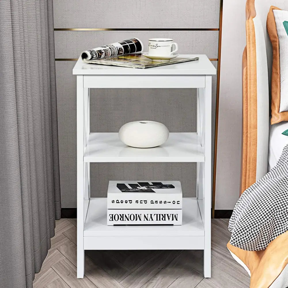 3-Tier X-Design Nightstands with Storage Shelves for Living Room Bedroom-White - White - End & Side Tables