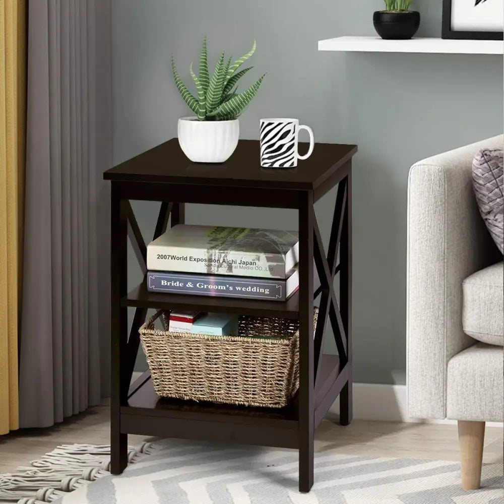 3-Tier X-Design Nightstands with Storage Shelves for Living Room Bedroom-Dark Brown - Dark Brown - End & Side Tables