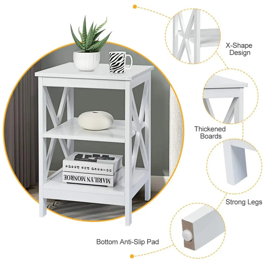 3-Tier X-Design Nightstands with Storage Shelves for Living Room Bedroom-White - White - End & Side Tables