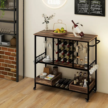 3 Tiers Bar Cart on Wheels with Glass Racks-Brown Costway
