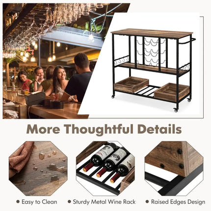 3 Tiers Bar Cart on Wheels with Glass Racks-Brown Costway