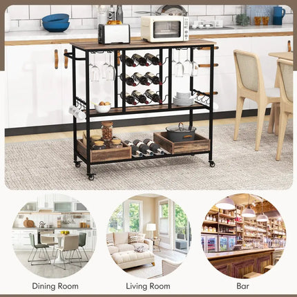 3 Tiers Bar Cart on Wheels with Glass Racks-Brown Costway