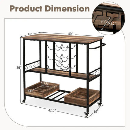 3 Tiers Bar Cart on Wheels with Glass Racks-Brown Costway