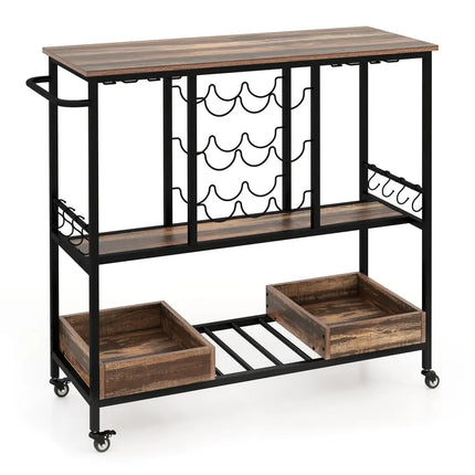 3 Tiers Bar Cart on Wheels with Glass Racks-Brown Costway