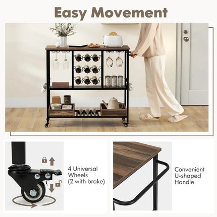 3 Tiers Bar Cart on Wheels with Glass Racks-Brown Costway