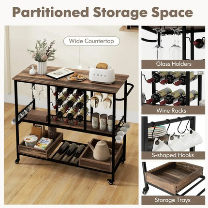 3 Tiers Bar Cart on Wheels with Glass Racks-Brown Costway
