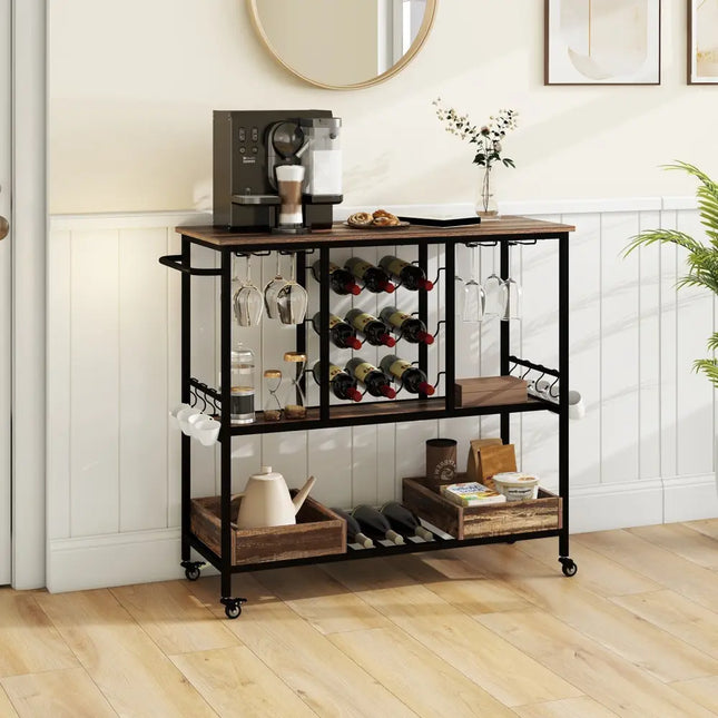 3 Tiers Bar Cart on Wheels with Glass Racks-Brown Costway