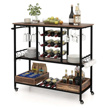 3 Tiers Bar Cart on Wheels with Glass Racks-Brown Costway