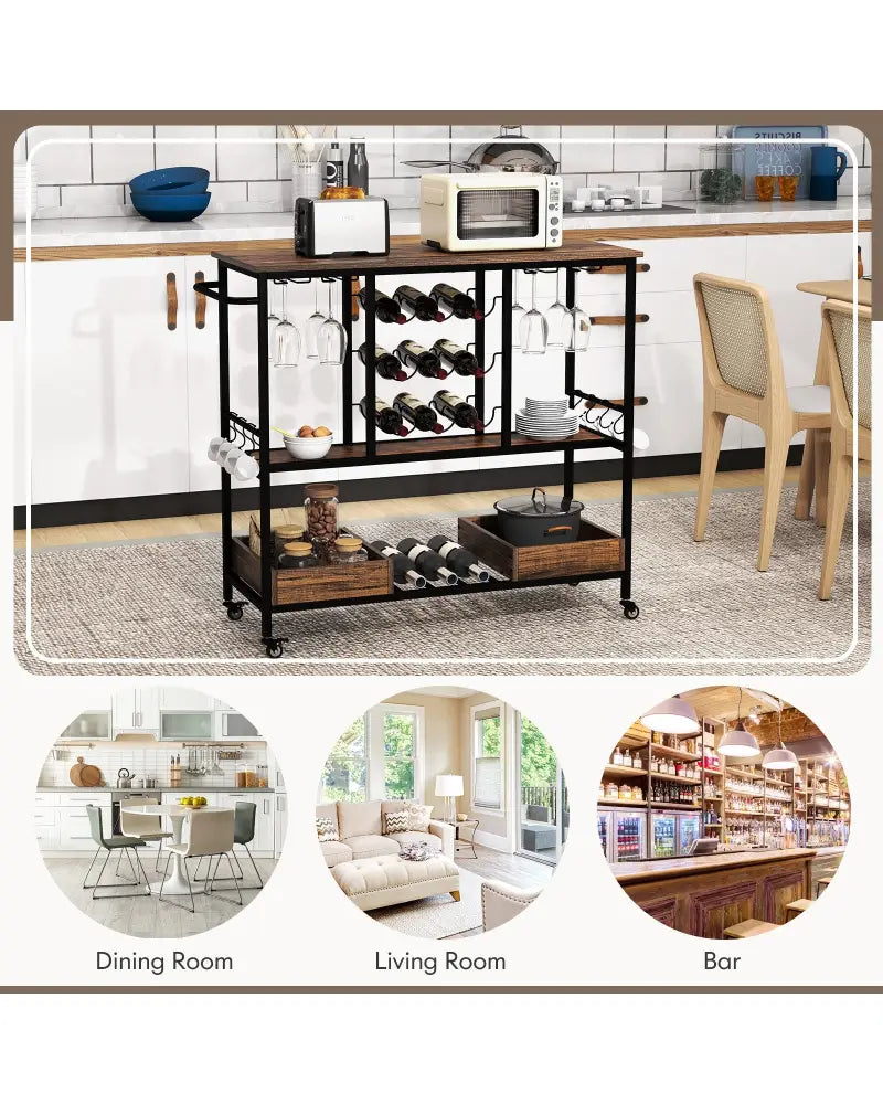 3 Tiers Bar Cart on Wheels with Glass Racks-Rustic Brown - Rustic Brown - Kitchen Islands & Carts