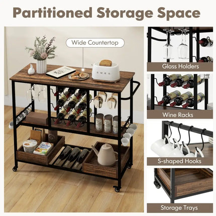3 Tiers Bar Cart on Wheels with Glass Racks-Rustic Brown Costway