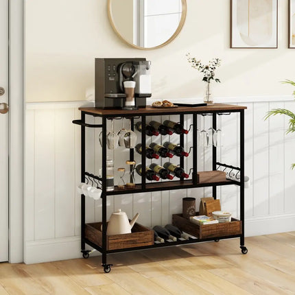 3 Tiers Bar Cart on Wheels with Glass Racks-Rustic Brown Costway