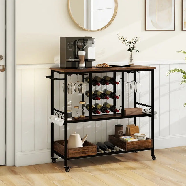 3 Tiers Bar Cart on Wheels with Glass Racks-Rustic Brown Costway