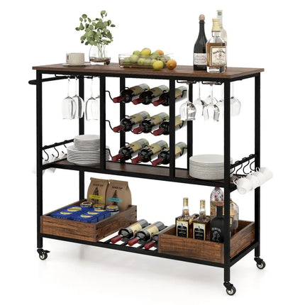 3 Tiers Bar Cart on Wheels with Glass Racks-Rustic Brown Costway
