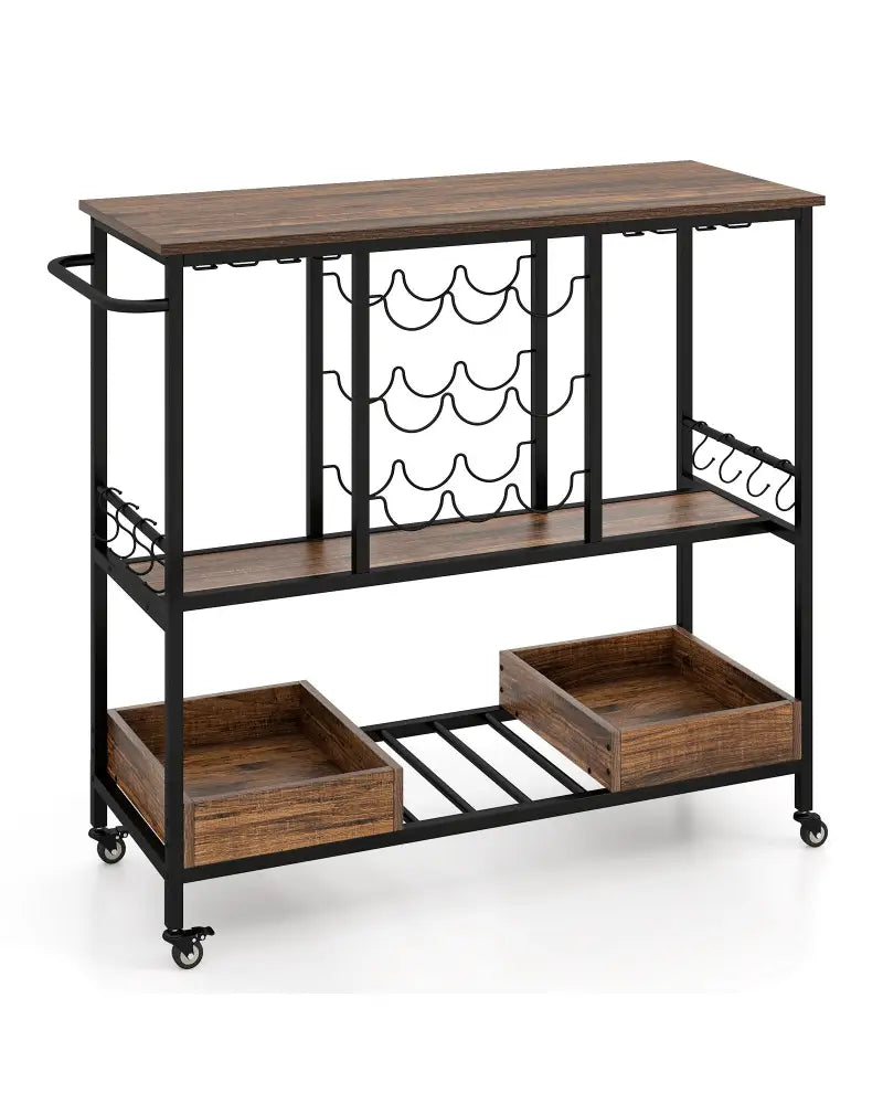 3 Tiers Bar Cart on Wheels with Glass Racks-Rustic Brown - Rustic Brown - Kitchen Islands & Carts