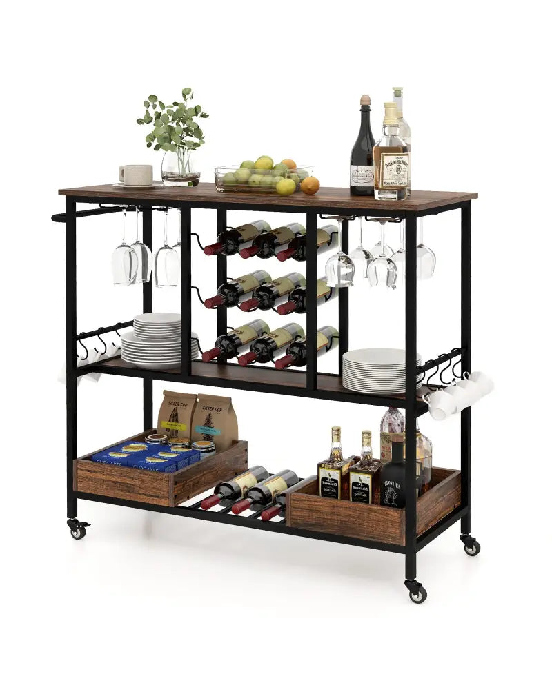 3 Tiers Bar Cart on Wheels with Glass Racks-Rustic Brown - Rustic Brown - Kitchen Islands & Carts