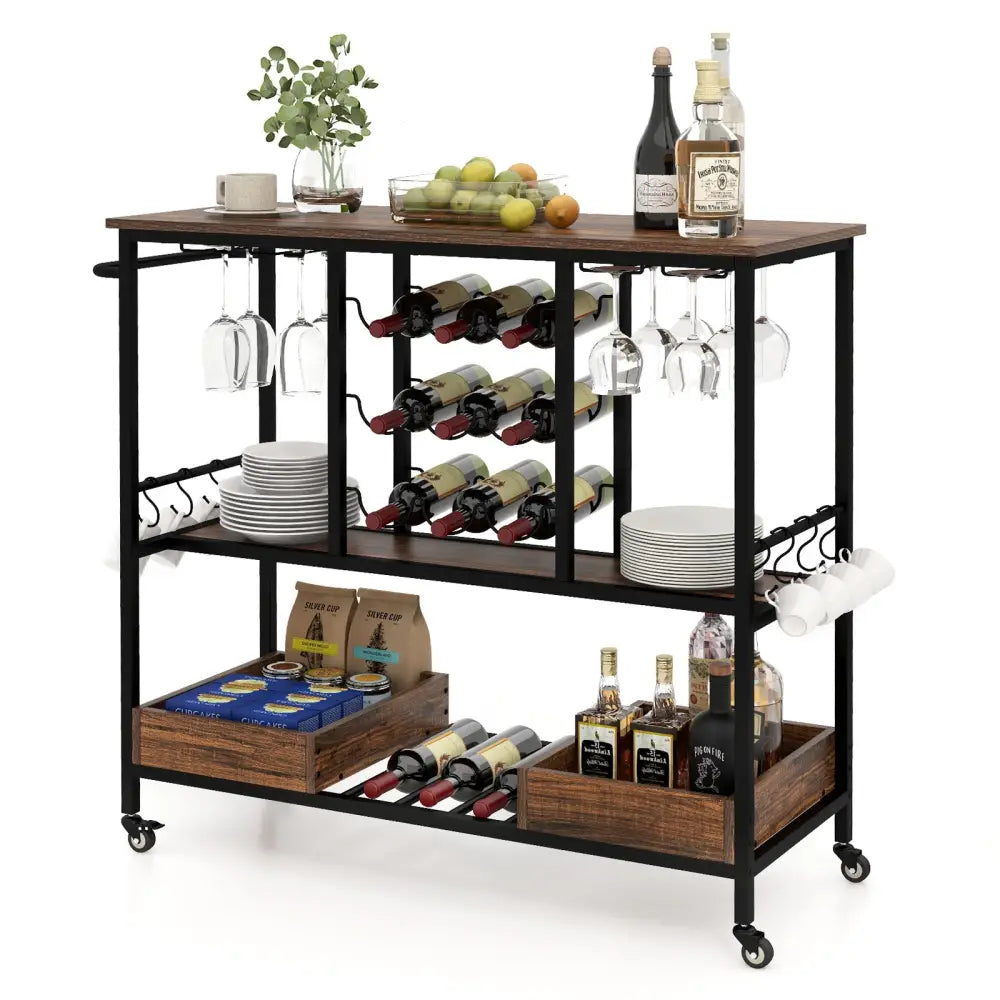 3 Tiers Bar Cart on Wheels with Glass Racks-Rustic Brown - Rustic Brown - Kitchen Islands & Carts