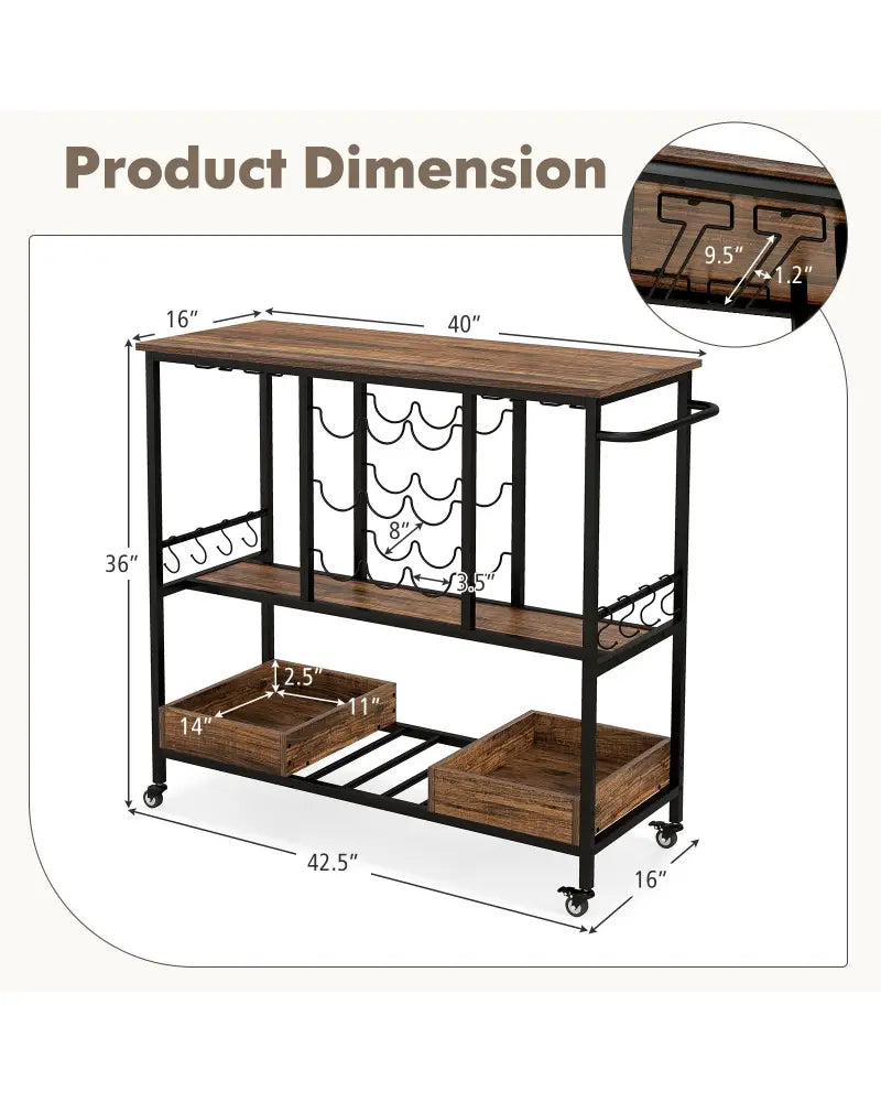 3 Tiers Bar Cart on Wheels with Glass Racks-Rustic Brown - Rustic Brown - Kitchen Islands & Carts