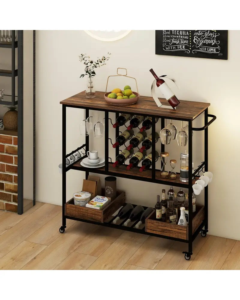 3 Tiers Bar Cart on Wheels with Glass Racks-Rustic Brown - Rustic Brown - Kitchen Islands & Carts