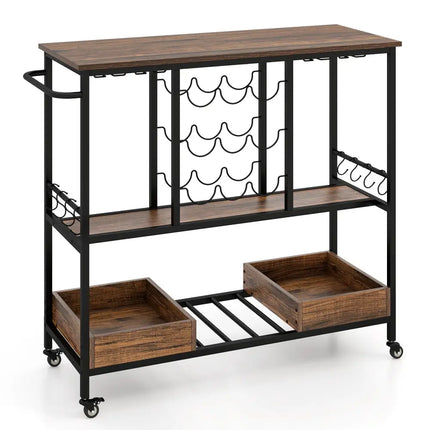3 Tiers Bar Cart on Wheels with Glass Racks-Rustic Brown Costway