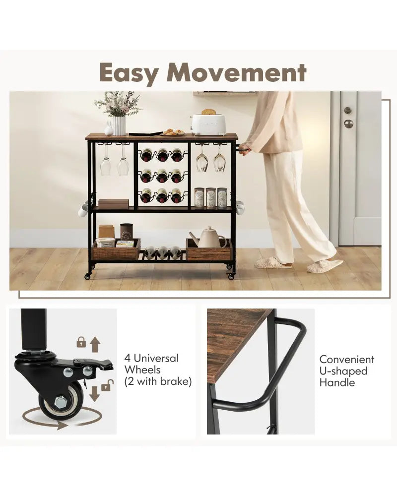 3 Tiers Bar Cart on Wheels with Glass Racks-Rustic Brown - Rustic Brown - Kitchen Islands & Carts