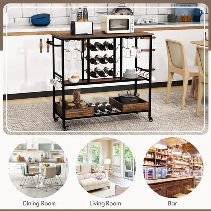 3 Tiers Bar Cart on Wheels with Glass Racks-Rustic Brown Costway