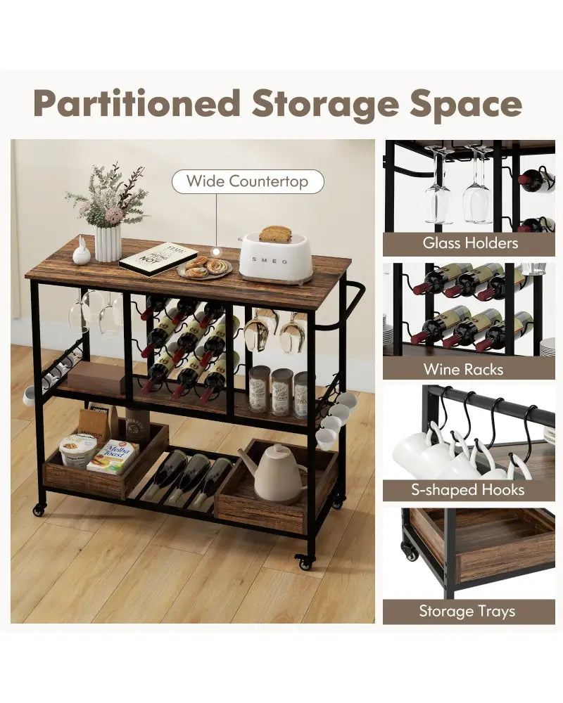 3 Tiers Bar Cart on Wheels with Glass Racks-Rustic Brown - Rustic Brown - Kitchen Islands & Carts