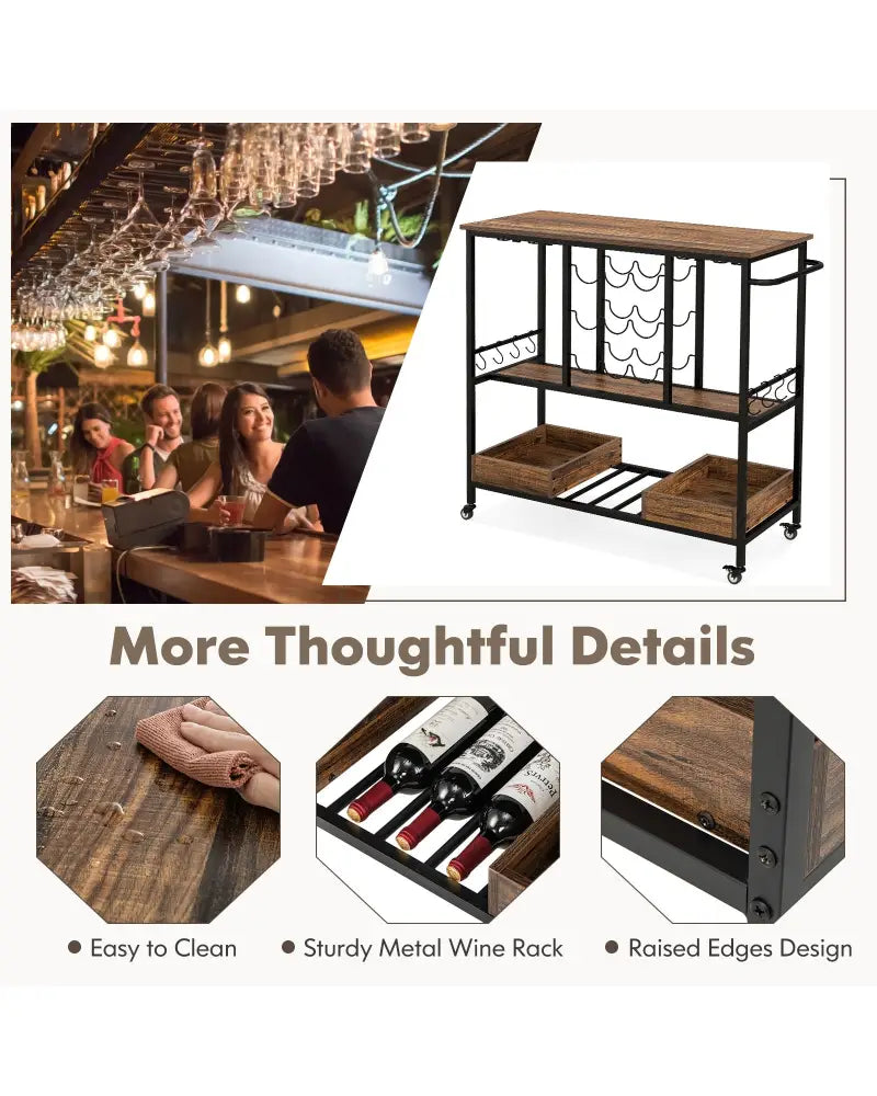 3 Tiers Bar Cart on Wheels with Glass Racks-Rustic Brown - Rustic Brown - Kitchen Islands & Carts