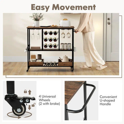 3 Tiers Bar Cart on Wheels with Glass Racks-Rustic Brown Costway