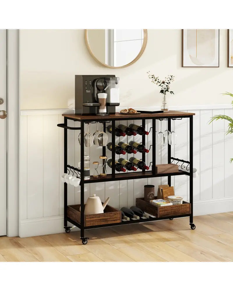 3 Tiers Bar Cart on Wheels with Glass Racks-Rustic Brown - Rustic Brown - Kitchen Islands & Carts