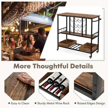 3 Tiers Bar Cart on Wheels with Glass Racks-Rustic Brown Costway