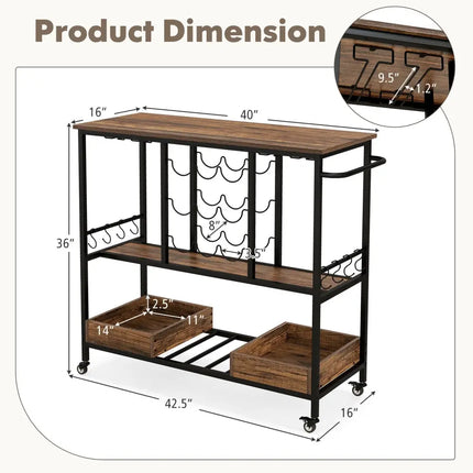 3 Tiers Bar Cart on Wheels with Glass Racks-Rustic Brown Costway