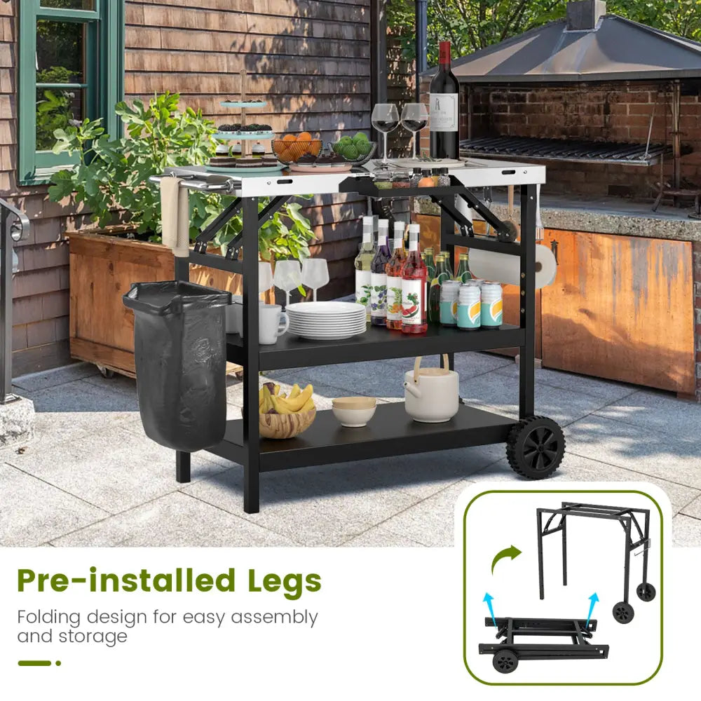 3 Tiers Foldable Outdoor Cart on 2 Wheels with Phone Holder-Black - Black - Outdoor Grills
