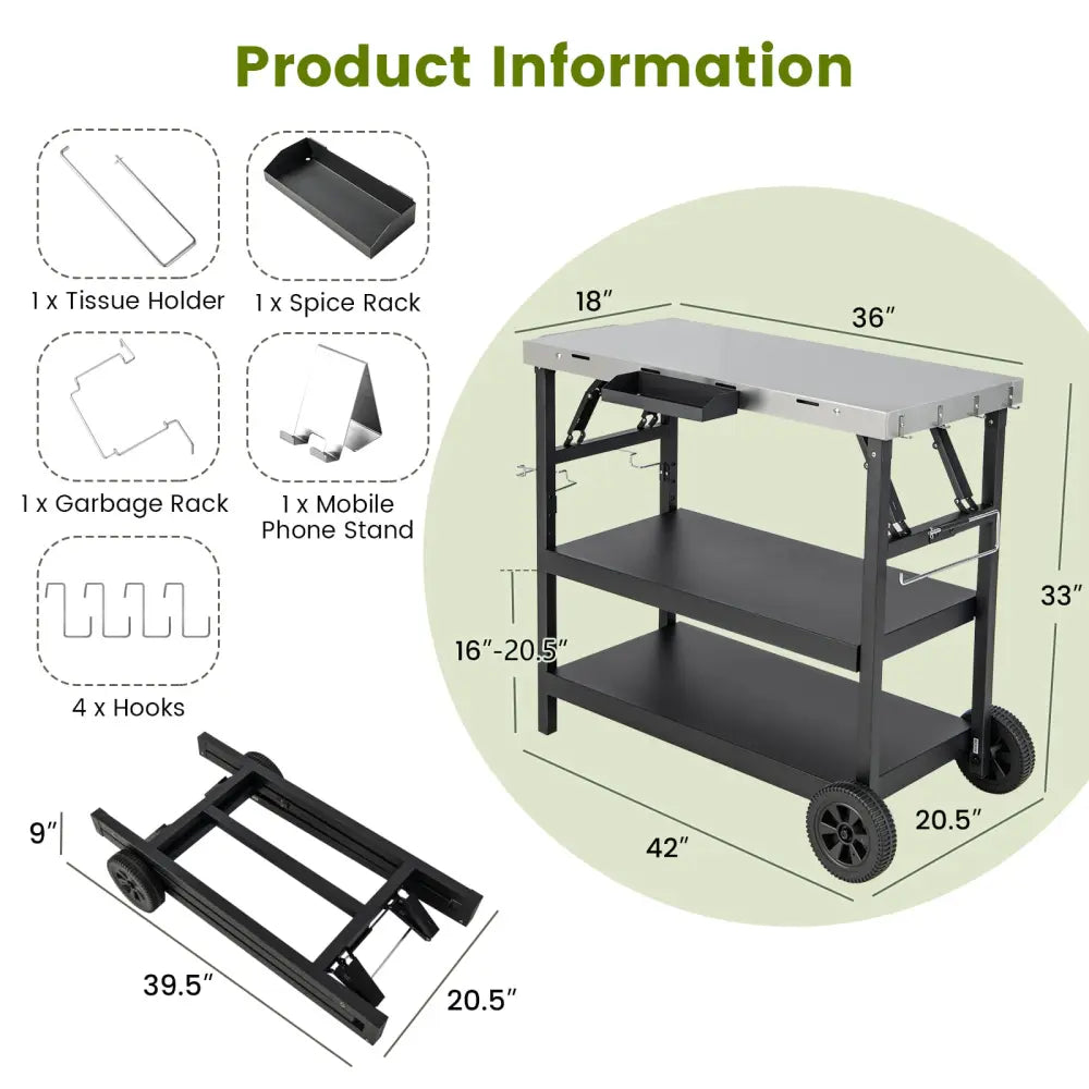3 Tiers Foldable Outdoor Cart on 2 Wheels with Phone Holder-Black - Black - Outdoor Grills