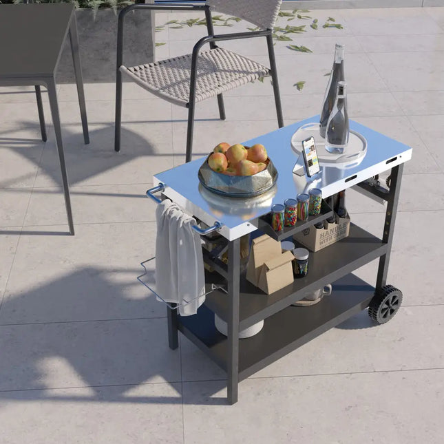3 Tiers Foldable Outdoor Cart on 2 Wheels with Phone Holder-Black - Black - Outdoor Grills