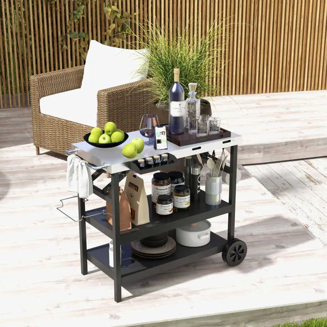 3 Tiers Foldable Outdoor Cart on 2 Wheels with Phone Holder-Black - Black - Outdoor Grills