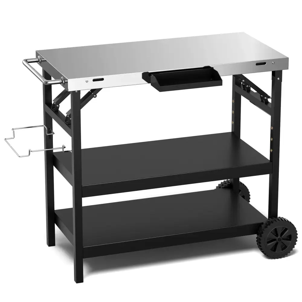 3 Tiers Foldable Outdoor Cart on 2 Wheels with Phone Holder-Black - Black - Outdoor Grills