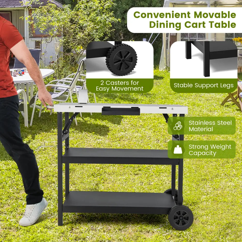 3 Tiers Foldable Outdoor Cart on 2 Wheels with Phone Holder-Black - Black - Outdoor Grills