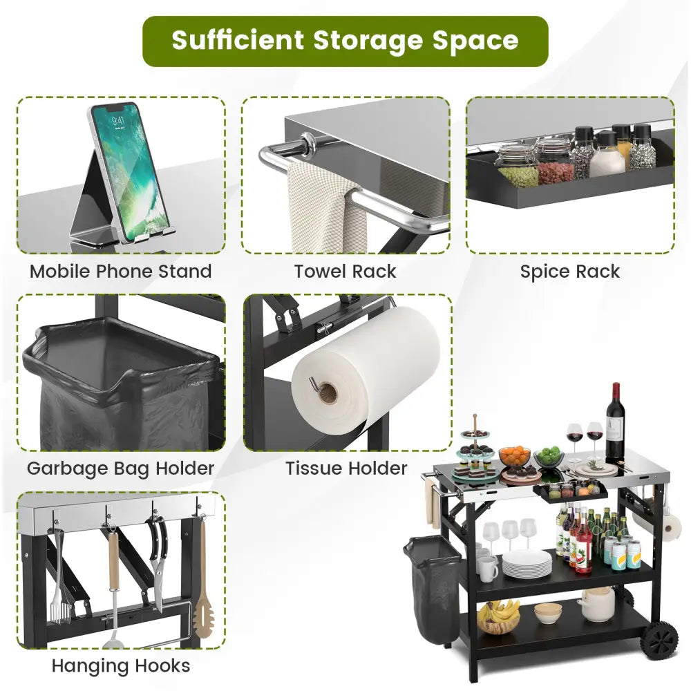 3 Tiers Foldable Outdoor Cart on 2 Wheels with Phone Holder-Black - Black - Outdoor Grills