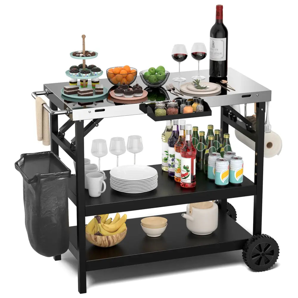 3 Tiers Foldable Outdoor Cart on 2 Wheels with Phone Holder-Black - Black - Outdoor Grills