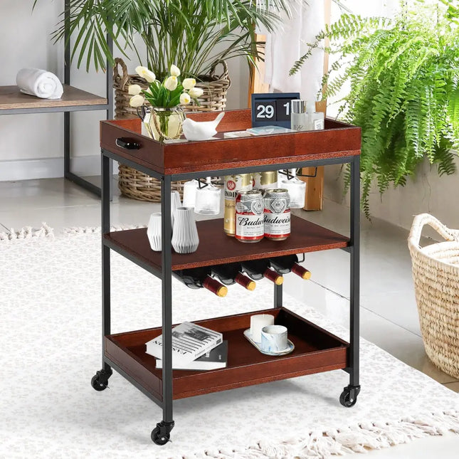 3 Tiers Kitchen Island Serving Bar Cart with Glasses Holder and Wine Bottle Rack Costway