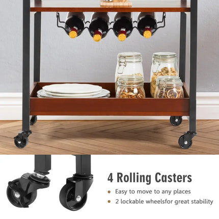 3 Tiers Kitchen Island Serving Bar Cart with Glasses Holder and Wine Bottle Rack Costway