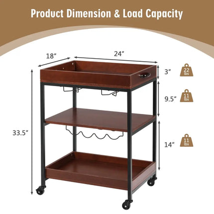 3 Tiers Kitchen Island Serving Bar Cart with Glasses Holder and Wine Bottle Rack Costway