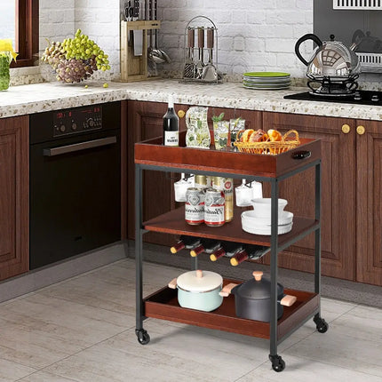 3 Tiers Kitchen Island Serving Bar Cart with Glasses Holder and Wine Bottle Rack Costway