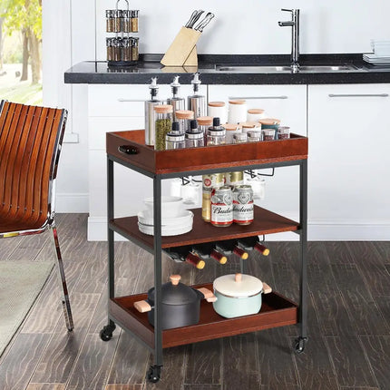 3 Tiers Kitchen Island Serving Bar Cart with Glasses Holder and Wine Bottle Rack Costway